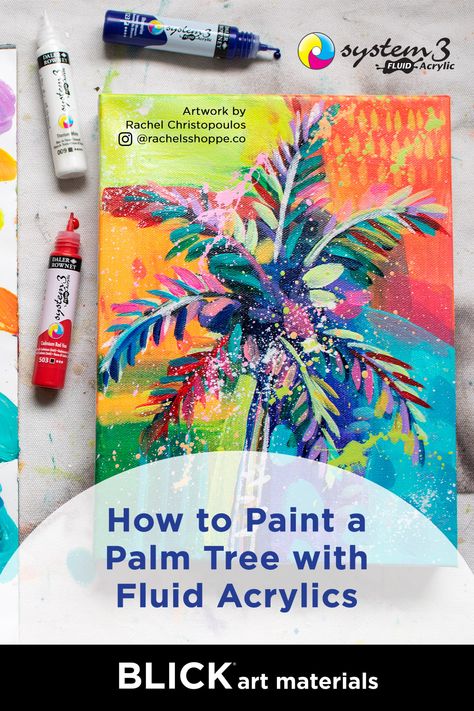 Learn how to easily paint a vibrant abstract palm tree with System3 Fluid Acrylics and artist Rachel Christopoulos. Abstract Palm Tree, Palm Trees Painting, Daler Rowney, Fluid Acrylics, How To Paint, Painting Projects, Featured Artist, Palm Tree, Art Materials