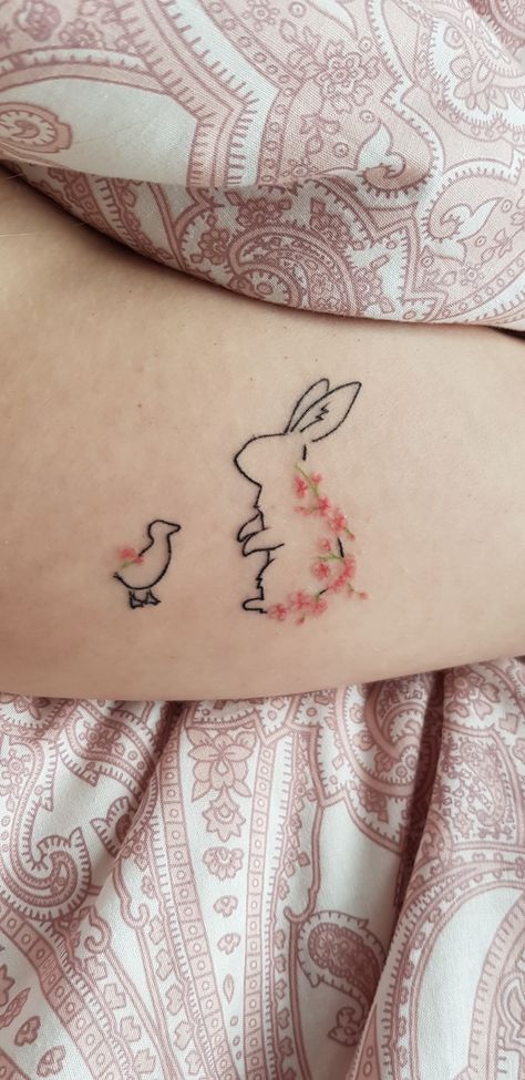 Rabbit Flower Tattoo, Runaway Bunny Tattoo, Rabbit Head Tattoo, Ducklings Tattoo, Bunny Tattoo Design, Duckling Tattoo, Cottagecore Tattoos, Rabbit Tattoo Design, Tattoo Cherry Blossom