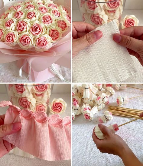 Easy Crepe Paper Flower Craft | flower, crêpe paper, bouquet, craft | DIY Crepe Paper Flowers Bouquet | By Quilling Made Easy | Everyone, welcome to our Facebook page. In this video we are going to make this beautiful rose flower. We are going to use two different colour of creep paper here. You can also make it using tissue paper. First we are folding this white creep paper. So hold it from one portion and start twisting it like we are doing here. If you don't have creep paper you can also make Crepe Paper Flowers Bouquet, Paper Bouquet Diy, Paper Flower Bouquet Diy, Paper Flowers Bouquet, Crepe Paper Flowers Diy, Crepe Paper Flower, Crepe Paper Roses, Flower Bouquet Diy, Paper Flower Decor