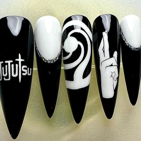 Gojo Satoru Nails Art, Gojo Satoru Nails Design, Jujutsu Kaisen Symbol, Gojo Satoru Nails, Gojo Nails, Black White Design, Anime Nails, Happy Nails, Short Nail Designs