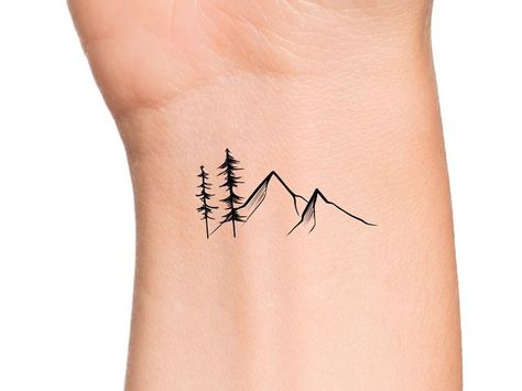 Tree With Mountain Tattoo, 3 Pine Tree Tattoo, Small Nature Tattoos Men, Fine Line Pine Tree Tattoo, Tree Mountain Tattoo, Mountain Tree Tattoo, Small Pine Tree Tattoo, Rocky Mountain Tattoo, Pacific Northwest Tattoo