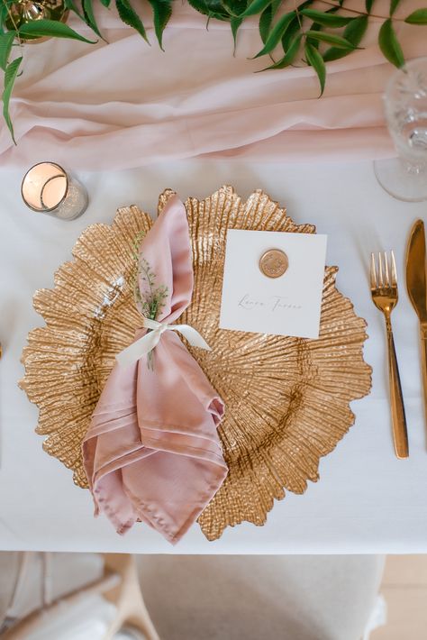 Soft blush pink and gold continues to be a popular wedding theme, one that suits every season. For any couples planning a classic English wedding with a contemporary, let this romantic shoot inspire you and find out more on receptions at Hodsock Priory! Photography Sophie Atkins | Cake Patacakemisterton | Styling Howards Events | Flowers The Flowershop Southelmsall Gold Charger Plates With Pink Napkins, Pink Napkin Place Setting, Blush Pink Gold Wedding, Pink White And Gold Table Setting, Blush Pink And Gold Wedding Decorations, Wedding Table Settings Pink, Pink And Gold Wedding Theme, Pink Table Settings, Popular Wedding Themes