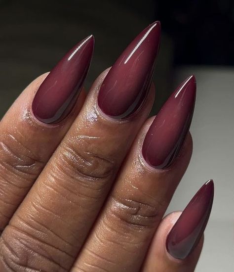 Dark Nails Almond Shape, Dark Lilac Nails, Long Almond Nails Fall, Dark Red Square Nails, November Nails Almond, Cnd Nail Polish, Fall Nail Inspo, Lilac Nails, Maroon Nails