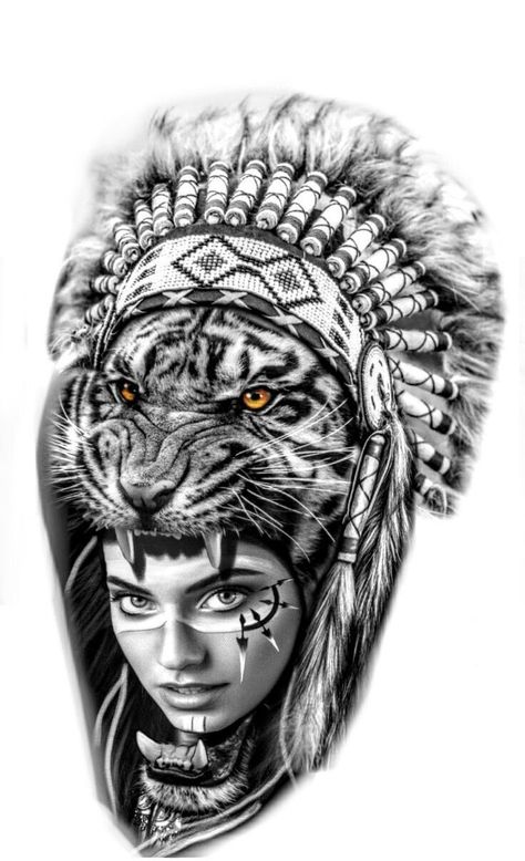 Pin Em Meus Desenhos Indian Women Tattoo, Indian Girl Tattoos, Native American Tattoo Designs, Indian Tattoo Design, Headdress Tattoo, Lion Tattoo Sleeves, Native American Tattoos, Native Tattoos, Tiger Tattoo Design