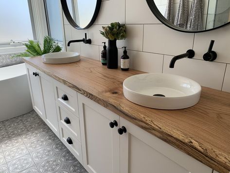 Natural Wood Bathroom Vanity Counter Tops, Cottage Vanity Bathroom, Wood Countertops Bathroom, Timber Bathroom, Timber Bathroom Vanities, Bathroom Sink Countertop, Natural Wood Bathroom Vanity, Farmhouse Bathrooms, Wooden Bathroom Vanity