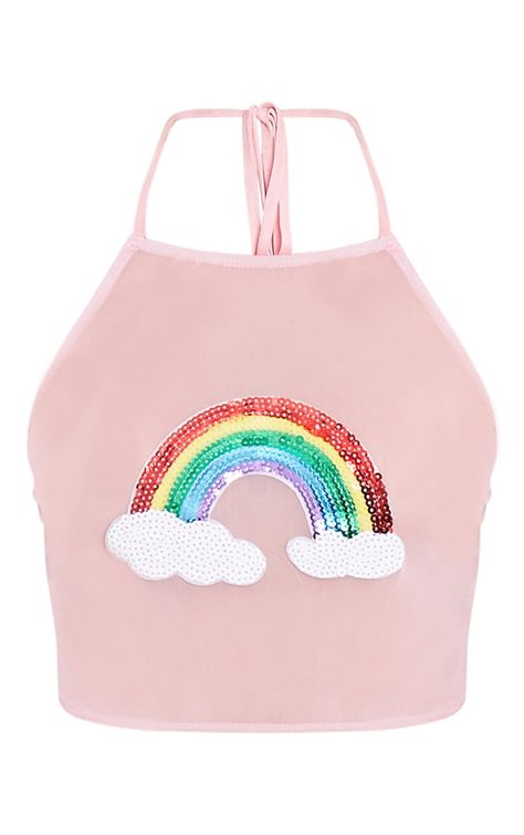 Rainbow Applique, Halter Neck Tops, Mesh Halter Top, Pink Mesh Top, Rainbow Crop Top, Kpop Clothes, Halter Shirt, Tie Halter Top, Pink Halter Top