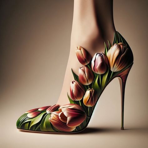 For tulip lovers… #woman #show #girl #highheels #stiletto #fashion #ai #aiart #aiartcommunity High Heels With Flowers, Spring Sculpted High Heels, Spring Floral Print Pointed Toe Heels, Luxury Floral Print Elegant Heels, Elegant Floral Print High Heels, Butterfly Shoes, Walk A Mile, Shoe Art, Painted Shoes