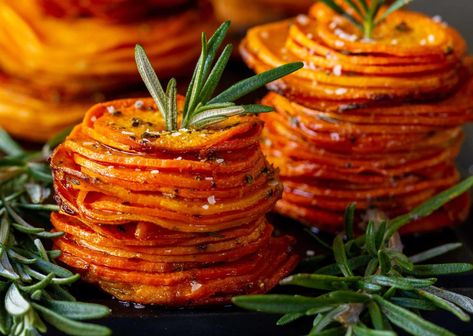 Savory Sweet Potato Stacks Candied Sweet Potato Stacks, Sweet Potato Stack, Savory Scalloped Sweet Potatoes, Spiral Sweet Potato Bake, Garlic Butter Sweet Potato Stacks, Savoury Sweet Potato Recipes, Fancy Sweet Potato Recipes, Unique Sweet Potato Recipes, Sliced Sweet Potato Recipes