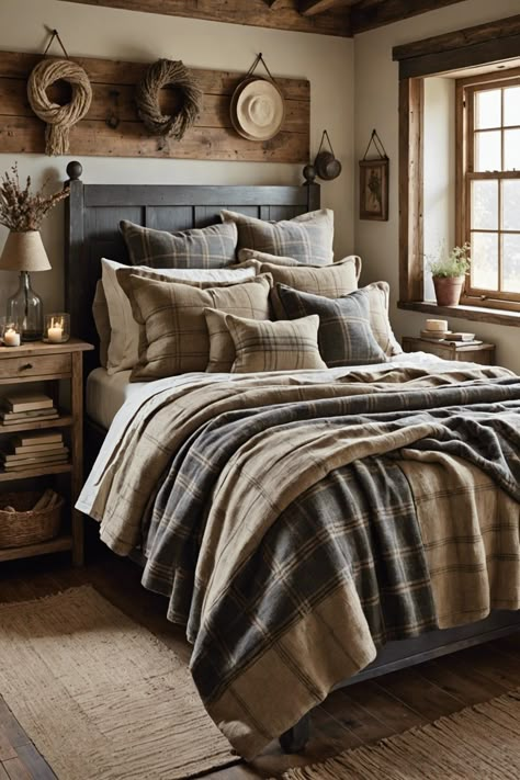 Grey Plaid Bedroom Ideas, Small Cottage Bedroom Ideas Country, Equestrian Inspired Bedroom, Vintage Quilt Bedroom Decorating Ideas, Rustic Log Cabin Bedroom, Scottish Bedroom Ideas, Vintage Cabin Bedroom, Buffalo Plaid Bedroom Decorating Ideas, Primitive Bedroom Ideas Farmhouse Style