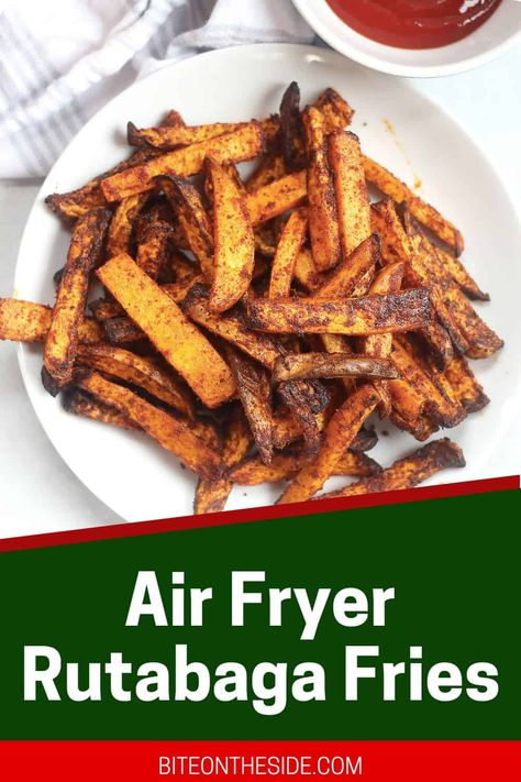 These Air Fryer Rutabaga Fries, or Swede Fries, are a flavorful twist on traditional fries. Seasoned with paprika and garlic, and cooked in the air fryer, they provide a healthier alternative to potato fries, making prep and cooking a breeze while also helping you add more nutritious vegetables to your plate. Rutabaga Recipes Air Fryer, Air Fryer Rutabaga, Rutabaga Fries, Fries In Air Fryer, Rutabaga Recipes, Turnip Fries, Nutritious Vegetables, Easy Vegetable Side Dishes, Veggie Fries