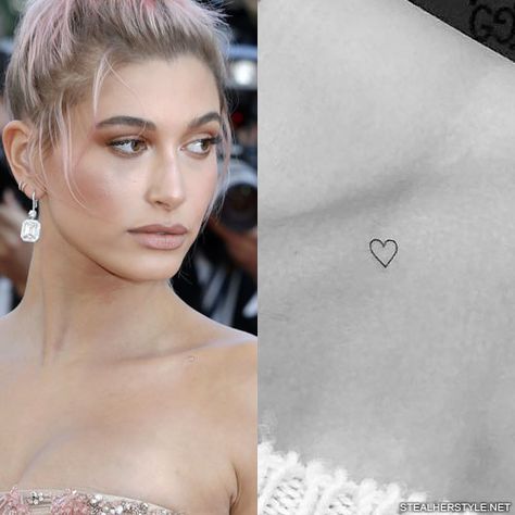 Hailey Bieber Heart Tattoo, Collar Bone Tattoo Heart, Heart Collarbone Tattoo, Tiny Collar Bone Tattoo, Hailey Bieber Tattoo, Hailey Baldwin Tattoo, Tiny Heart Tattoo, Secret Tattoo, Collarbone Tattoo