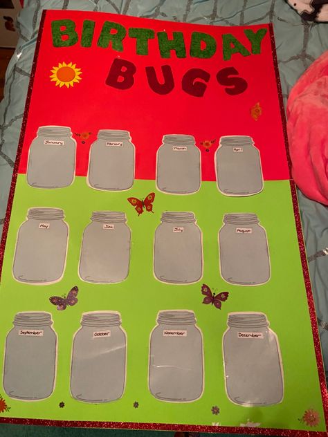 Butterfly Birthday Bulletin Board Ideas, Birthday Bugs Bulletin Board, Bug Theme Preschool Classroom Decor, Spring Birthday Boards Classroom, Infant Birthday Board Ideas, Bug Bulletin Board Ideas, Deco Classroom, Birthday Chart Classroom, Butterflies Classroom