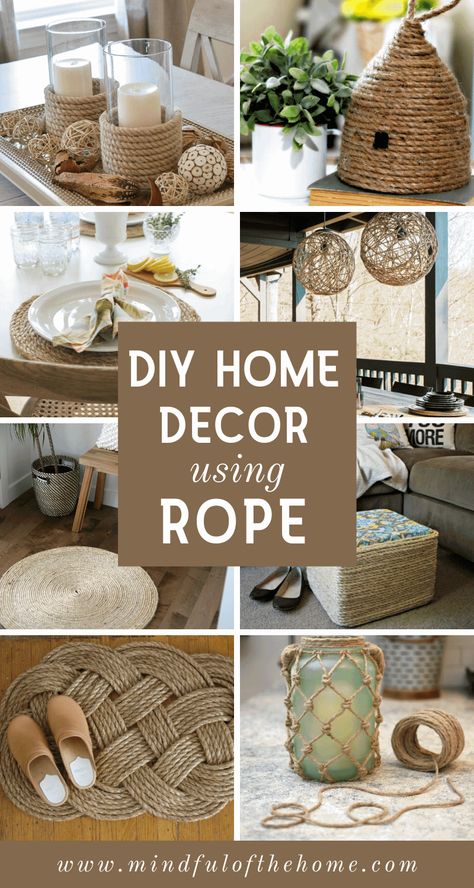 These DIY rope crafts make perfect additions to coastal and rustic home decor. Best part? You can find rope at the dollar store, making these projects super budget-friendly! Check out these awesome home decor ideas using rope, such as rugs, baskets, placemats, and more! #DIY #rope #crafts #homedecor #mindfulofthehome Dyi Projects For The Home Furniture How To Make, Diy Jute Rope Projects, Jute Home Decor Diy Projects, Crafts With Twine Diy Projects, Craft Rope Ideas, Rope Diy Ideas Home Decor, Diy Rope Projects, Diy Rustic Placemats, Crafts For Home Decor Diy