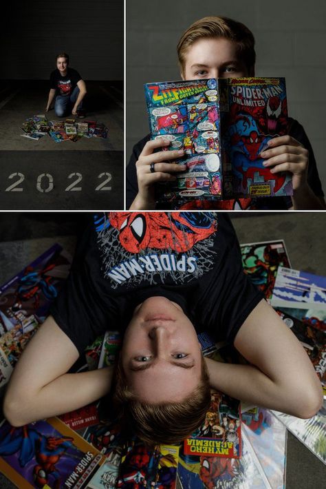 high school senior guy posing with Spider-Man comic books Comic Book Inspired Photoshoot, Comic Book Senior Pictures, Lego Senior Pictures, Anime Senior Pictures, Dungeons And Dragons Senior Pictures, Senior Picture Ideas For Gamers, Senior Pictures For Gamers, Robotics Senior Pictures, Gaming Senior Pictures