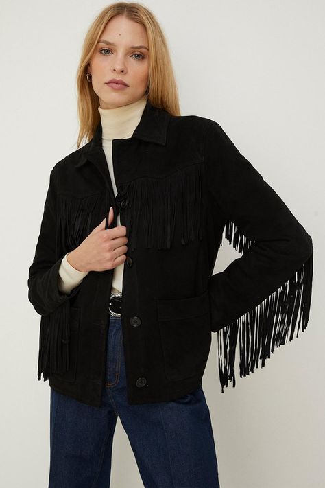 A Fashion Insider’s Guide To Minidresses | SheerLuxe Black Suede Fringe Jacket, Rachel Stevens, Fringe Leather Jacket, Classic American Style, Suede Fringe Jacket, Fringe Jacket, Suede Fringe, Leather Fringe, Leather Leggings