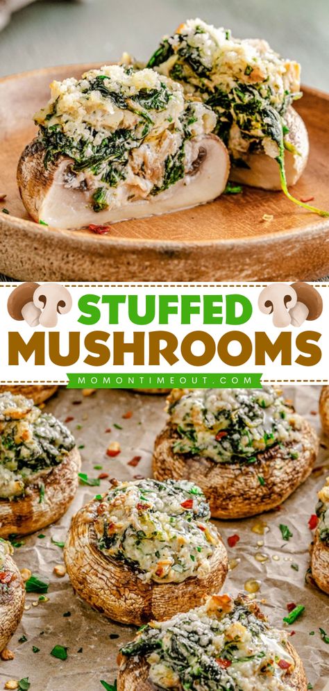 Whip up this mushroom recipe for your tailgating party! It's a game day appetizer everyone will love. Baked with cream cheese, spinach, and more, these easy stuffed mushrooms are the BEST. Such a mouthwatering football food idea! Mushroom Spinach Appetizers, Giant Stuffed Mushrooms, Cream Cheese Spinach Stuffed Mushrooms, Spinach Stuffed Portabella Mushroom Recipes, Spinach And Cheese Stuffed Mushrooms, Filled Mushrooms Recipe, Spinach Dip Stuffed Mushrooms, Appetizers Stuffed Mushrooms, Stuffed Mushroom Recipes Easy