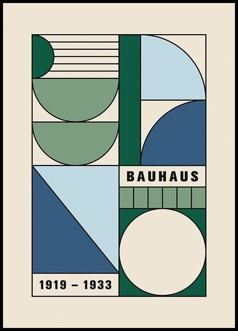 Blue Green Design Graphic, Bauhaus Green Poster, Blue And Green Graphic Design, Bauhaus Art Poster, Blue Green Poster, Green Poster Design, Scandinavian Graphic Design, Bauhaus Illustration, Bauhaus Design Poster