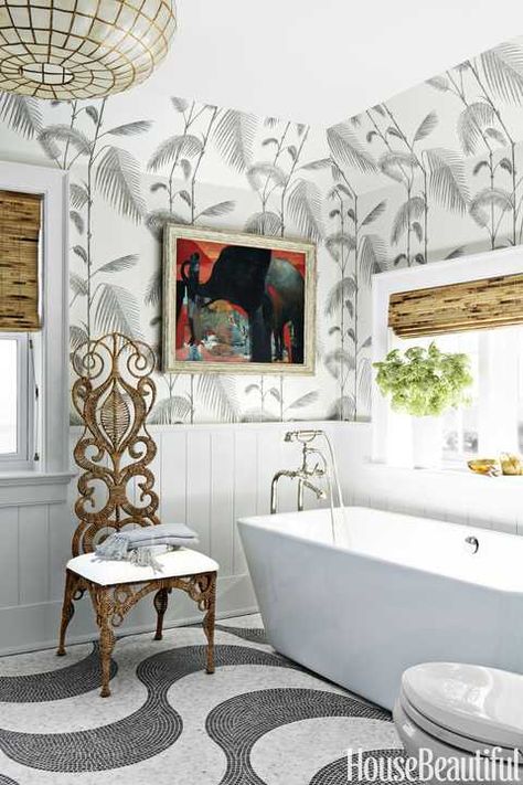 Wallpaper With Gray, Gray Bathroom Ideas, Gray Wallpaper Bathroom, Bohemian Room Decor, Modern Small Bathrooms, Mindful Gray, Gray Bathroom, Your Favorite, Tropical Wallpaper