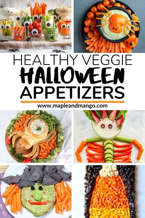 Looking for an easy Halloween appetizer, fun veggie tray idea for a Halloween party or healthy Halloween snack or side dish? Then check out this super easy Monster Halloween Veggie Tray (plus more fun ideas!). It transforms regular veggies and dip into a spooky and cute Halloween veggie platter that is kid friendly and perfect for parties! | www.mapleandmango.com Halloween Veggie Pizza Ideas, Halloween Food Veggie Tray, Veggies For Halloween Party, Halloween Party Food Veggie Tray, Veggie Tray For Halloween Party, Halloween Inspired Veggie Tray, Pumpkin Veggie Tray Ideas, Halloween Vegi Tray, Veggie Pizza Halloween