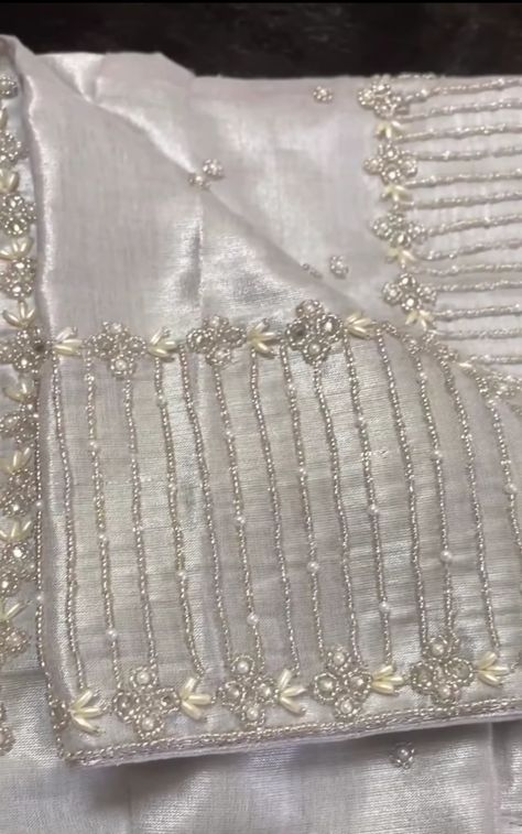 Aari Work On White Blouse, White Blouse With Silver Work, White Stone Aari Work Blouse, White Stone Work Blouse Designs, Grey Blouse Aari Work, Aari Silver Work Blouse, Simple Silver Maggam Work Blouses, White Blouse Designs For Saree Hand Work, Silver Beads Work On Blouse