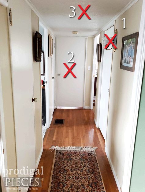 Long Hallway With Door At End, Hallway Decorating Door At End, Trim Hollow Core Door, 2 Doors Next To Each Other, Hallway With Doors Decor, Update Hollow Doors, Narrow Hallway With Door At The End, Narrow Hallway With Doors, Adding Trim To Hollow Core Doors