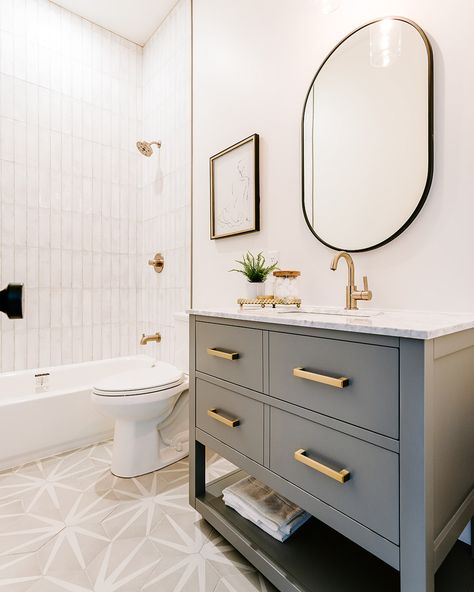 Gilpin Street - Sagewood Interiors | Denver Home Staging Grey Bathroom Vanity Gold Hardware, Guest Bathroom Ideas Blue Vanity, Gray White And Gold Bathroom, Small Full Bathroom Ideas Modern, Colored Tile Bathroom, Transitional Small Bathroom, Hallway Bathroom Ideas, Patterned Tile Bathroom, Makeover Kamar Mandi