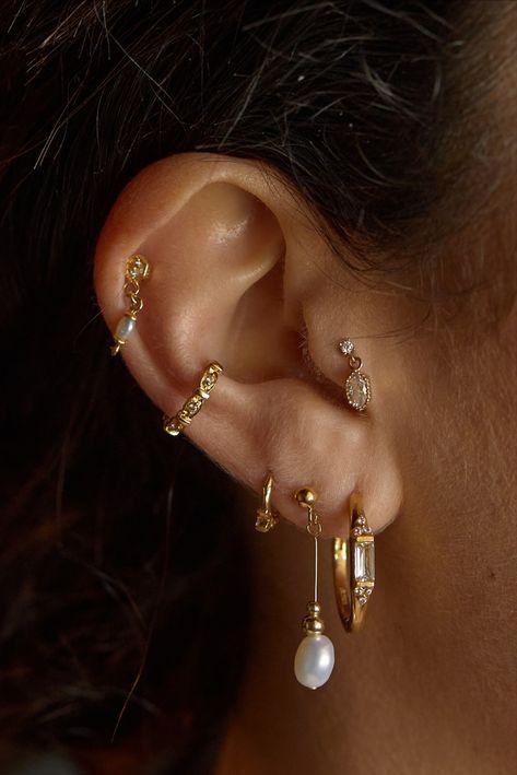 Piercing Inspo For Small Ears, Ear Piercing Collection, Super Pierced Ears, Fantasy Ear Piercings, Gold Earring Stack Aesthetic, Earrings With Gemstones, Pearl Ear Curation, Ear Piercings With Tragus, Mismatched Ear Piercings