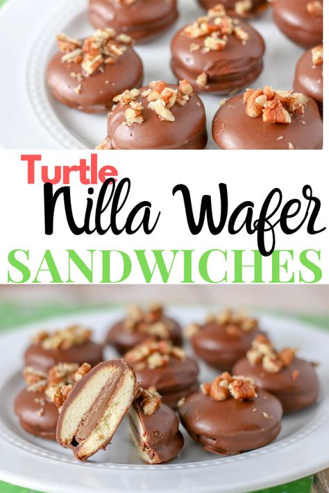 Easy Turtle Nilla Wafer Sandwiches - Thrifty Mommas Tips Nilla Wafer Sandwich Cookies, Nilla Wafer Recipes Easy, Nilla Wafer Cookies, Nilla Wafers And Rolos, Nila Wafer Recipes, Rolo Nilla Wafer, Nilla Wafers Recipes, Mini Nilla Wafer Recipes, Nilla Wafer Desserts