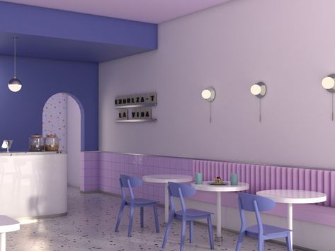 Purple Restaurant Interior Design, Purple Cafe Design, Purple Cafe Aesthetic, Purple Cafe, Colorful Cafe, Wall Color Combination, Kids Cafe, Coffee Shop Bar, Cafe Shop Design