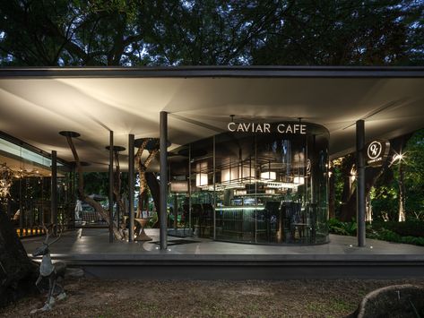 Gallery of Caviar Cafe / Creative Crews - 7 Glass Restaurant Design Exterior, Cafe Facade Design Entrance, Lanscape Cafe, Cafe Pavilion Architecture, Curved Glass Facade, Marble Flooring Design, Plaza Design, Yabu Pushelberg, Food Park