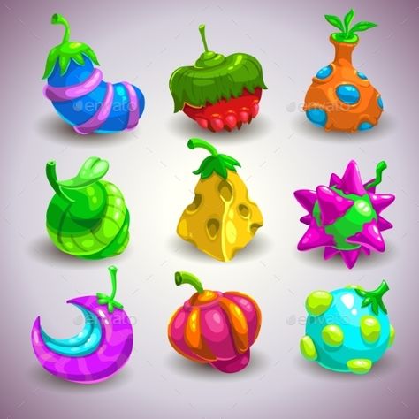 Set of funny colorful fantasy fruits, vector illustration Fruits Vector, Creepy Halloween Party, Game Fruit, Fruit Vector, Fantasy Props, Colorful Space, Fruit Illustration, Game Concept, Halloween Items