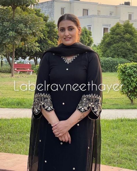 Black Suit For Women Indian Party Wear, Black Punjabi Suit Simple, Black Suit Embroidery Designs, Black Suit For Women Indian, Embroidered Punjabi Suits, Black Punjabi Suit, Work Suits For Women, Long Kurti Patterns, Suit Embroidery Designs