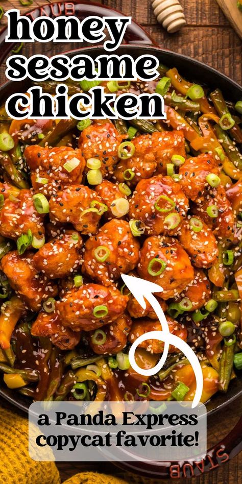 You'll love this copycat recipe for a Panda Express Honey Sesame Chicken with perfectly crispy chicken in a sweet & savory sauce. Panda Express Sesame Chicken Recipe, Panda Express Sweet Chili Chicken, Panda Express Sweet Fire Chicken, Panda Express Honey Sesame Chicken, Sweet Fire Chicken, Honey Sesame Chicken Recipe, Panda Express Copycat, Chinese Honey Chicken, Panda Express Recipes