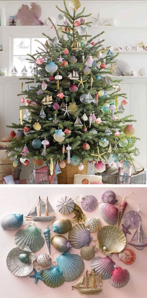 Nautical Themed Christmas Trees, Surfboard Christmas Tree, Christmas Tree Sea Theme, Beach Inspired Christmas Trees, Nautical Christmas Trees, Beach Christmas Color Palette, Sea Shell Christmas Tree Ornaments, Coastal Christmas Tree Ornaments, Diy Ocean Ornaments