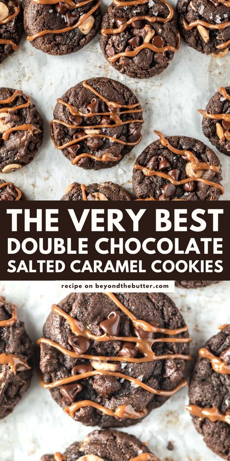 This Double Chocolate Salted Caramel Cookies recipe gives you light, crispy edges that are soft and fudgy in the middle, with a rich chocolatey, caramel taste, and sea salt flakes lightly sprinkled on top! Find the full recipe on BeyondtheButter.com! #cookies #chocolatecookies #saltedcaramel #seasaltflakes Salted Caramel Chocolate Pecan Cookies, Salted Dessert Recipes, Double Chocolate Sea Salt Cookies, Carmel Salted Chocolate Chip Cookies, Double Chocolate Salted Caramel Cookies, Easy To Share Desserts, Dark Chocolate Salted Caramel Cookies, Salted Caramel Brownie Cookies, Salted Caramel Chocolate Cookies