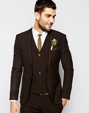 ASOS Wedding Super Skinny Suit Jacket In Brown                                                                                                                                                      More Brown Groomsmen Suits, Wedding Suits For Groom, Grooms Outfits, Brown Groomsmen, Brown Suits For Men, Men Suit Wedding, Men Suits Wedding, Gentleman Lifestyle, Tuxedo Coat