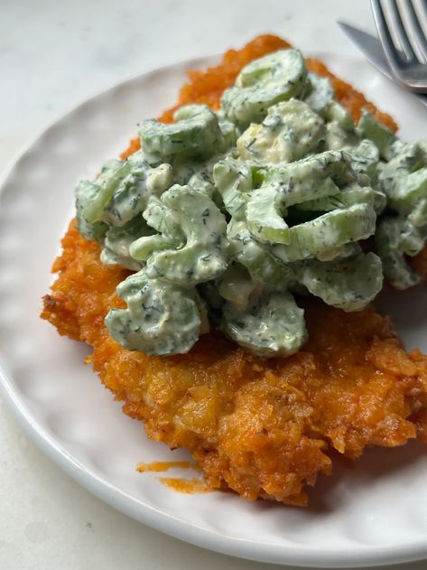 Buffalo chicken cutlets with a ranchy celery slaw Celery Slaw, Chicken Breast Cutlet, Chili Cheese Fries, Buffalo Wing Sauce, Wing Sauce, Drying Dill, Buffalo Wings, Buffalo Sauce, Chicken Cutlets