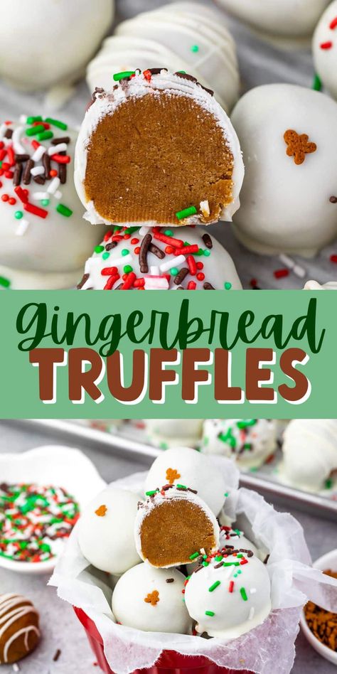 No Bake Gingerbread Truffles, M&m Gingerbread Snowballs, Gingerbread Cookie Truffles, Gingerbread Balls No Bake, Gingerbread Cake Balls, Gingerbread Truffles Easy, Christmas Balls Recipe, Christmas Balls Dessert, Edible Christmas Gifts Homemade Easy