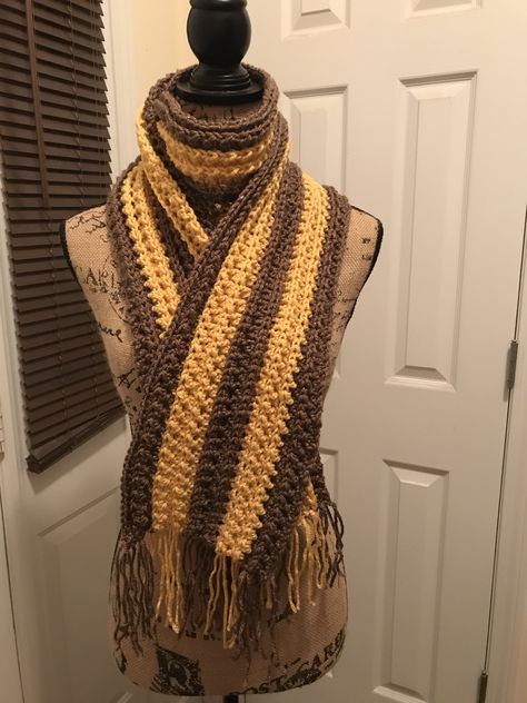 Crochet scarf done in hdcblo in brown and light gold. Brown And White Crochet, Brown Fall Scarf, Brown Crochet Shawl For Fall, Brown Crochet Scarf, One Size Brown Knitted Scarves, White Crochet, Yellow And Brown, Crochet Scarf, Crochet Projects