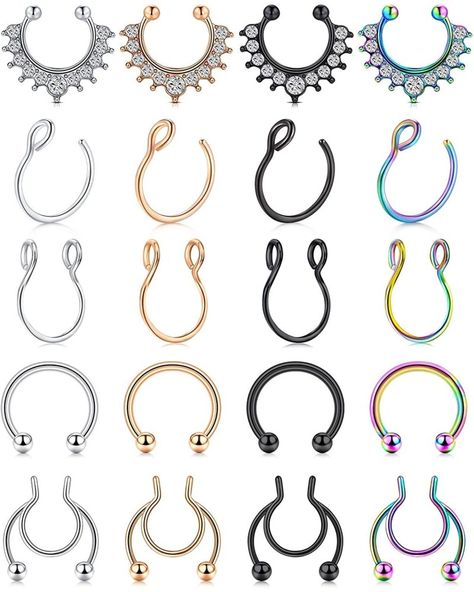 Ball closure     Fake nose rings packs include: 20PCS fake septum piercing nose rings hoop in 5 styles(each style four pieces), suit for men and women of all ages,people with or without piercing holes .Faux septum rings inner dia.: 8-10mm.     Multiple Using: These non piercing nose rings jewelry kit can be use as Nose ring, Lip ring, Septum ring, Helix earrings, Cartilage earrings, Tragus ear piercing and earring hoops. Make yourself different and good-looking everyday     Material: The fake...