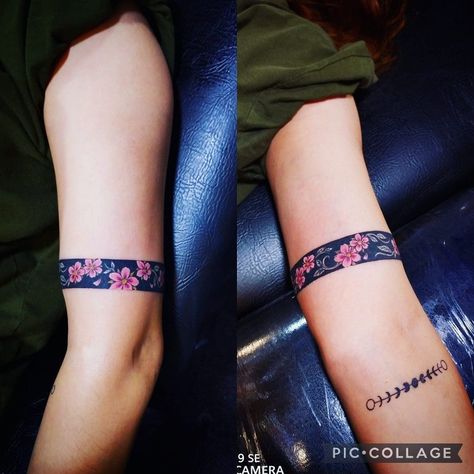 Sakura Armband Tattoo, Anime Bracelet Tattoo, Japanese Band Tattoo, Japanese Armband Tattoo, Flower Armband Tattoo, Armband Tattoo For Women, Flower Band Tattoo, Black Band Tattoo, Half Sleeve Tattoos Sketches