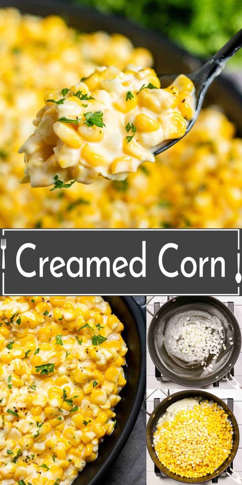 Creamed Corn is a delicious blend of corn kernels and milk, simmered on the stovetop to make a creamy, slightly sweet, classic southern corn side dish. This creamed corn recipe uses fresh, frozen, or canned corn. It's a traditional Thanksgiving side dish, and a delicious addition to a weeknight dinner. Stovetop Vegetable Side Dishes, Southern Veggies, Thanksgiving Corn Recipes, Creamy Sweet Corn, Steak And Lobster Dinner, Thanksgiving Corn, Southern Corn, Starchy Sides, Turkey Side Dishes