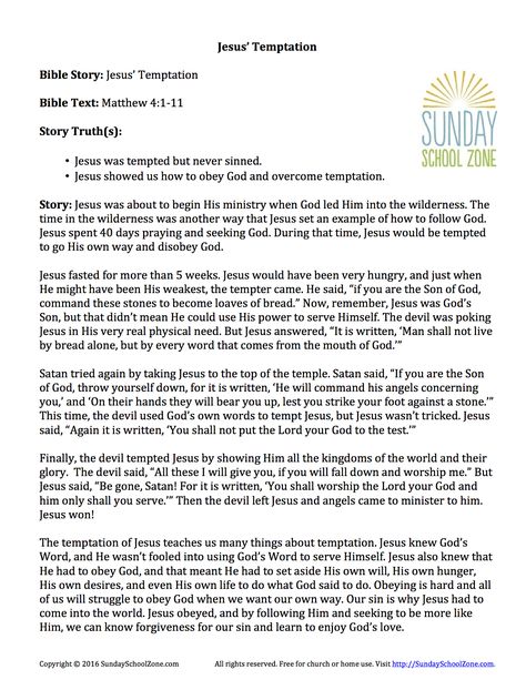 This Bible story summary, based on Matthew 4:1-11, will help kids understand the story of Jesus' temptation, how he was tempted but never sinned, and how we can also overcome temptation. Overcoming Sin And Temptation, Matthew 4:1-11, Matthew Chapter 1, Jesus Temptation, Youth Sunday School Lessons, Story Summary, Childrens Bible Activities, Kids Church Activities, Youth Lessons