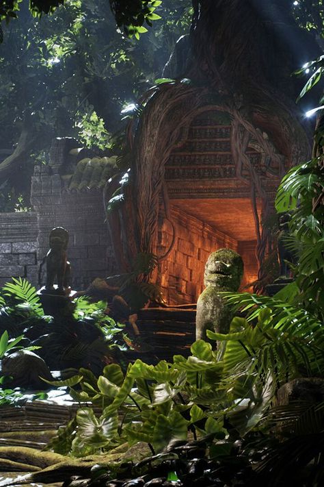 Abandoned Temple Concept Art, Temple In Jungle, Temple Ruins Concept Art, Jungle Temple Art, Jungle Civilization, Jungle Meditation, Fantasy Rainforest, Jungle Castle, Abandoned Temple