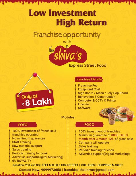 Low Investment High Return Franchise Opportunity with the Shiva's Express Street Food only @ 8 lakhs.  Contact Now @ 9099973658 | franchise.theshivas@gmail.com  #Franchise #FranchiseOpportunity #ShivasCoffeeBar Franchise Poster Design, Food Franchise, Franchise Food, Franchise Opportunities, Snack Bar, Menu Design, Food Items, Street Food, Investment