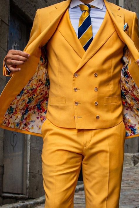 Unique Mens Suit Colors, Mens Colored Suits, Mustard Yellow Suit Men, Fun Mens Suits, Mustard Suit Men, Yellow Tuxedo Wedding, Colorful Suit Men, Mens Colorful Suits, Colourful Suits Men