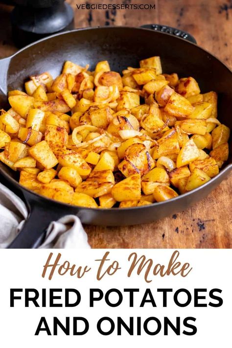 In this easy Fried Potatoes and Onions recipe, cubed potatoes and onions are pan-fried with simple seasonings until golden brown and crispy! Sautéed Breakfast Potatoes, Fried Yukon Gold Potatoes And Onions, Saute Potatoes And Onions, Fries Potatoes And Onions, Cubed Fried Potatoes, Crispy Cubed Potatoes, Home Fry Potatoes, Potatoe And Onion Recipes, Skillet Fried Potatoes And Onions