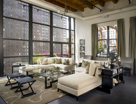 Sexy urban loft with Chicago skyline views. Love the framed mirrors to add more light and view. New Yorker Loft, Bedroom Architecture, Industrial Living Room Design, Loft Stil, Industrial Livingroom, Success Goals, Living Room Loft, Urban Loft, Loft Living