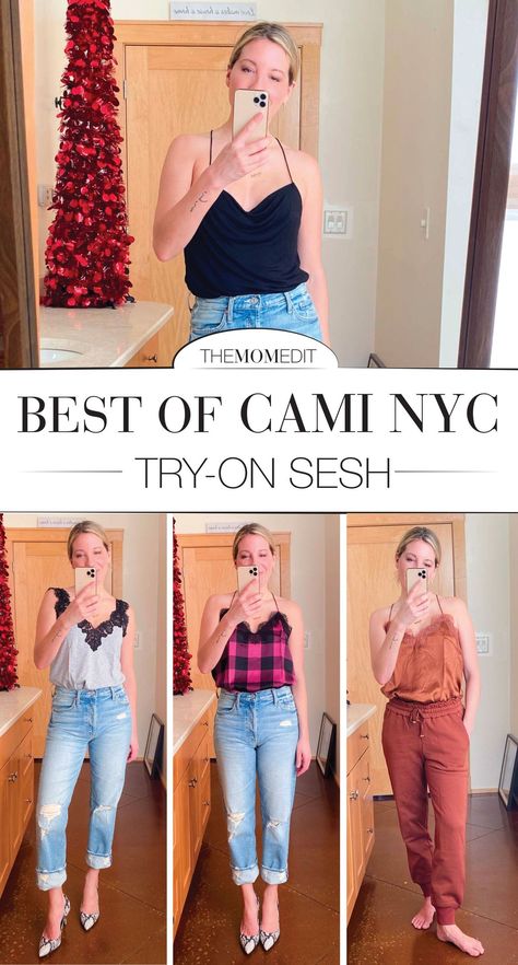 SILK CAMIS, LACE TANK TOPS & JOGGERS: WHAT'S GOOD AT CAMI NYC | In addition to silk camis (gorg), CAMI NYC launched similar lace-trimmed tanks in a drapey jersey knit. OH — & a line of cotton joggers. Let's go. | #TheMomEditStyle #LaceTrimCami #LaceTankTop #BlackLaceTankTop #BlackCamisole #SilkCamisole #SatinCamisole #LaceCamisole #CamiTops #SilkCamiTop #SilkCami #SilkCamiOutfit #CAMINYC #Joggers Loose Cami Top Outfit, Strappy Cami Camisole For Night Out, Delicate Strap Cami Top For Layering, Silk Cami Outfit, Silk Lace Trim Camisole Top, Cami Top Outfit, Lace Tank Tops, Satin V-neck Camisole With Lace Trim, Silk Cami Top