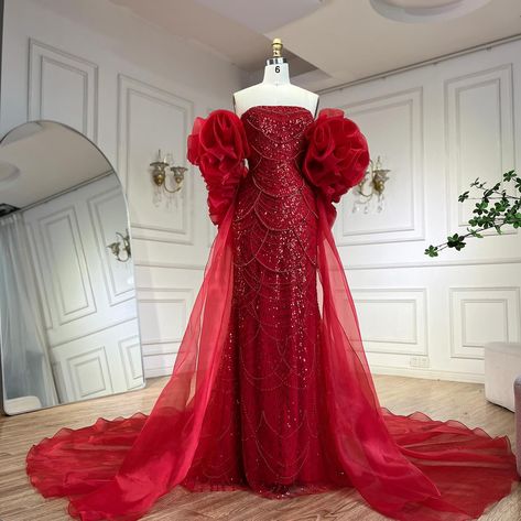 LA72585 Organza Cape, Red Ball Gown, Fairytale Gown, Red Mermaid, Long Cape, Dress With Puff Sleeves, Bridal Elegance, Gala Events, Fantasy Gowns